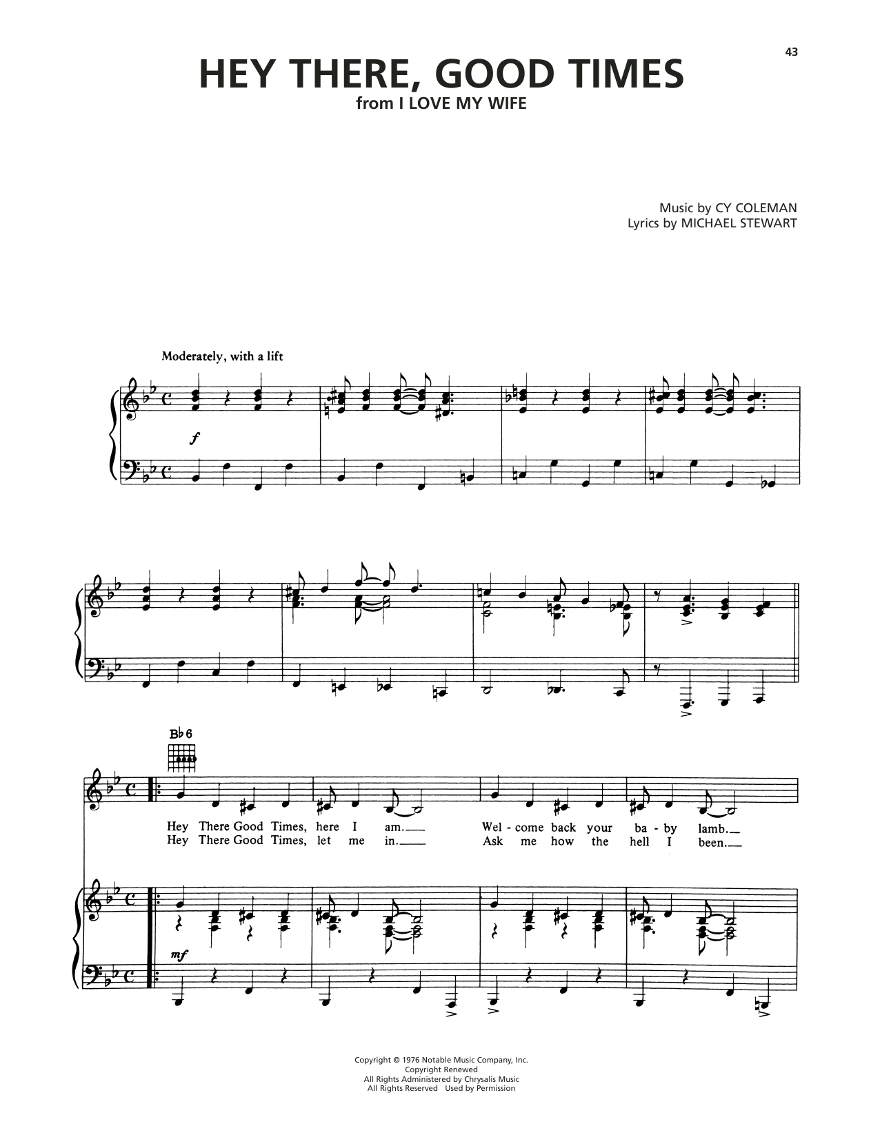 Cy Coleman Hey There, Good Times (from I Love My Wife) Sheet Music Notes & Chords for Piano, Vocal & Guitar Chords (Right-Hand Melody) - Download or Print PDF