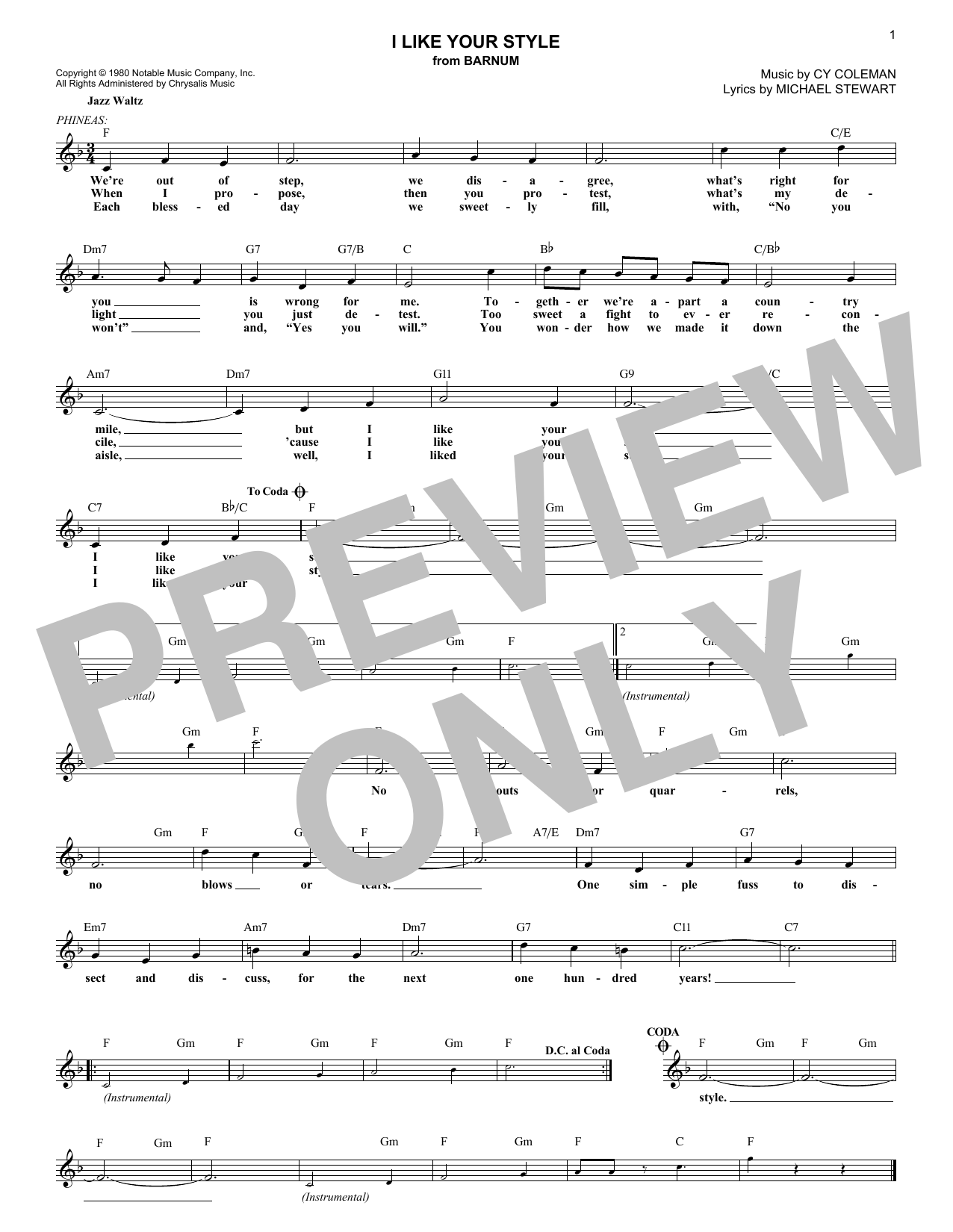 Cy Coleman I Like Your Style Sheet Music Notes & Chords for Melody Line, Lyrics & Chords - Download or Print PDF