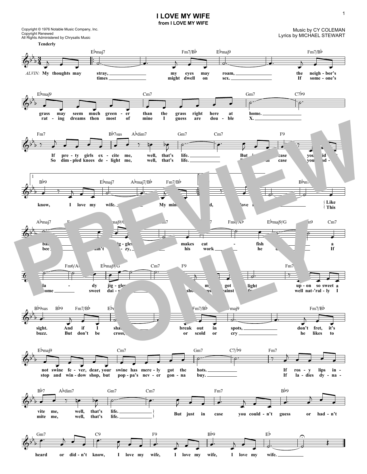 Cy Coleman I Love My Wife Sheet Music Notes & Chords for Melody Line, Lyrics & Chords - Download or Print PDF