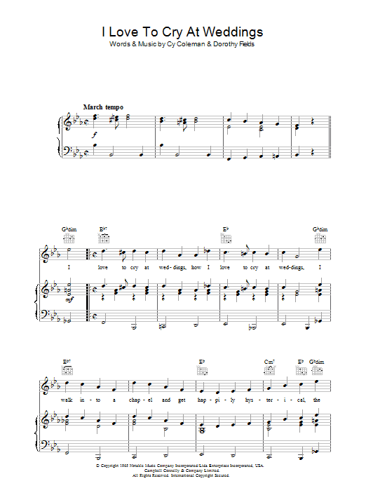 Cy Coleman I Love To Cry At Weddings Sheet Music Notes & Chords for Piano, Vocal & Guitar (Right-Hand Melody) - Download or Print PDF