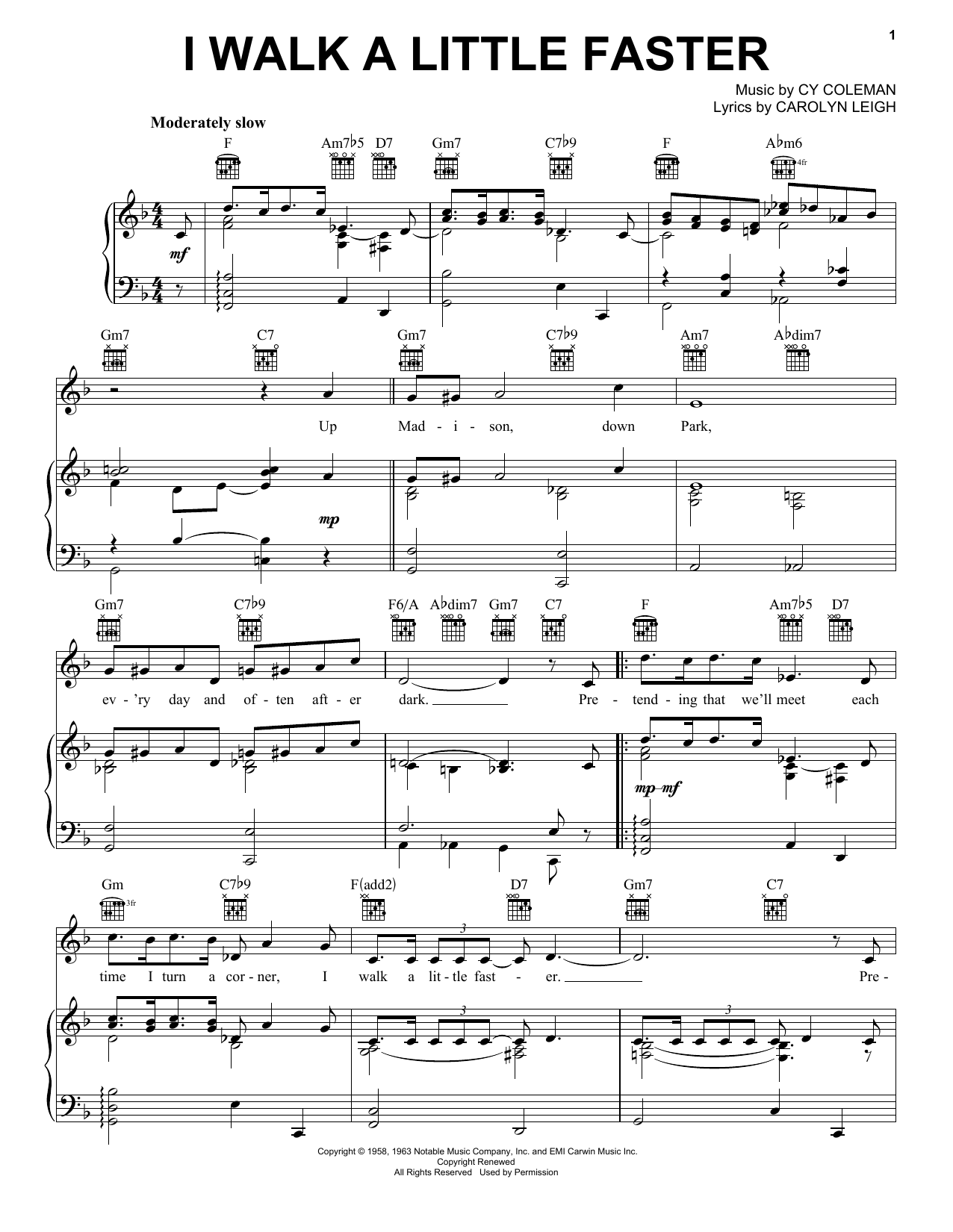 Cy Coleman I Walk A Little Faster Sheet Music Notes & Chords for Piano, Vocal & Guitar (Right-Hand Melody) - Download or Print PDF