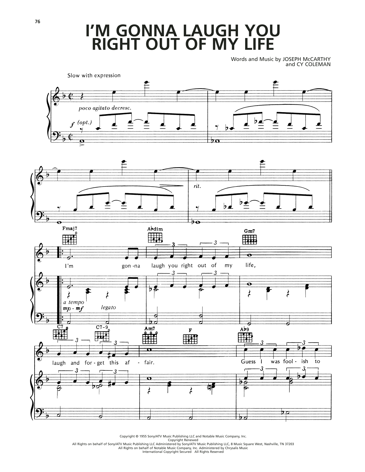 Cy Coleman I'm Gonna Laugh You Right Out Of My Life Sheet Music Notes & Chords for Piano, Vocal & Guitar Chords (Right-Hand Melody) - Download or Print PDF