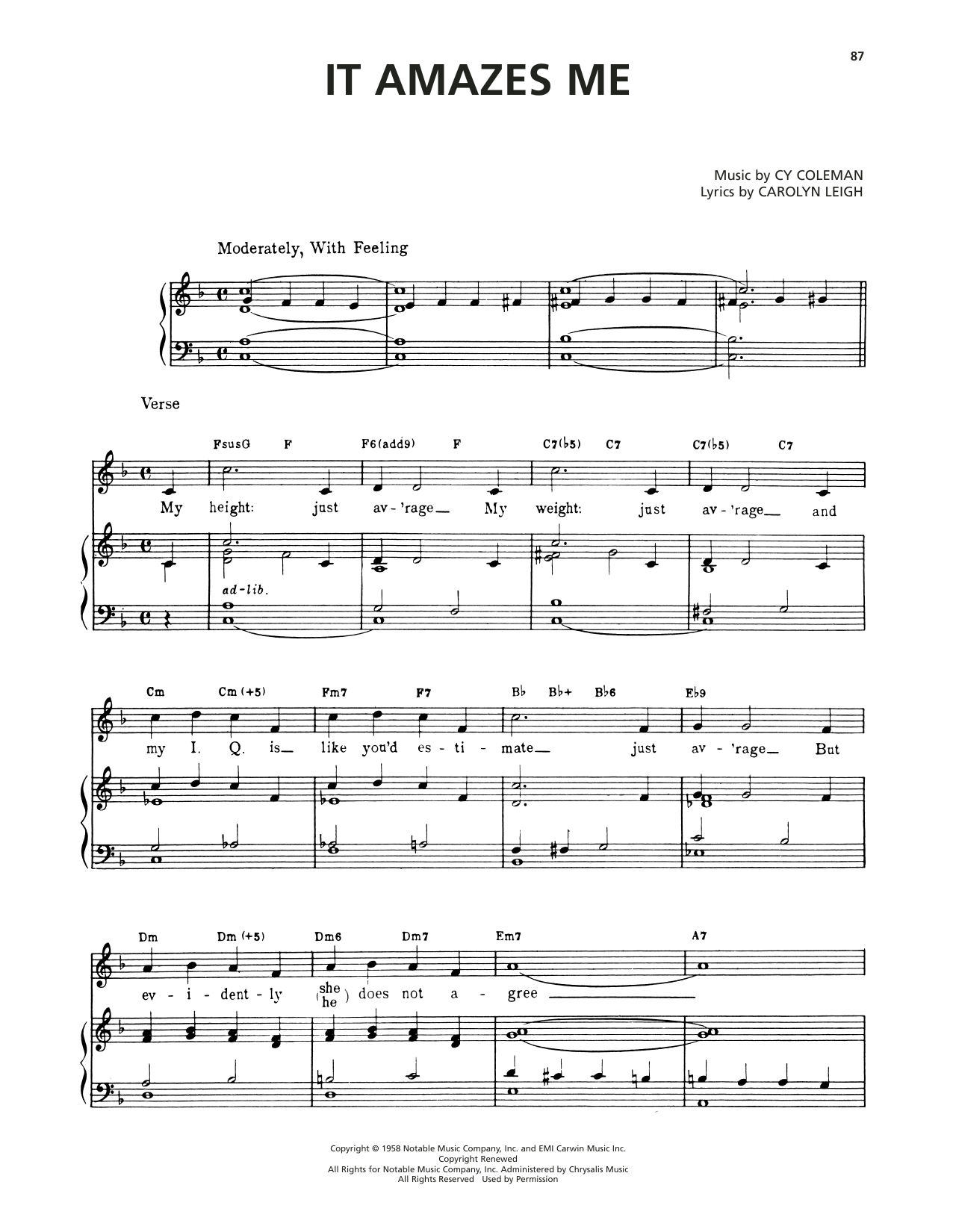 Cy Coleman It Amazes Me (from Wildcat) Sheet Music Notes & Chords for Piano, Vocal & Guitar Chords (Right-Hand Melody) - Download or Print PDF