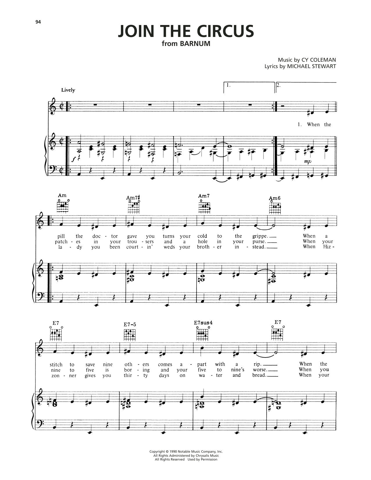 Cy Coleman Join The Circus (from Barnum) Sheet Music Notes & Chords for Piano, Vocal & Guitar Chords (Right-Hand Melody) - Download or Print PDF