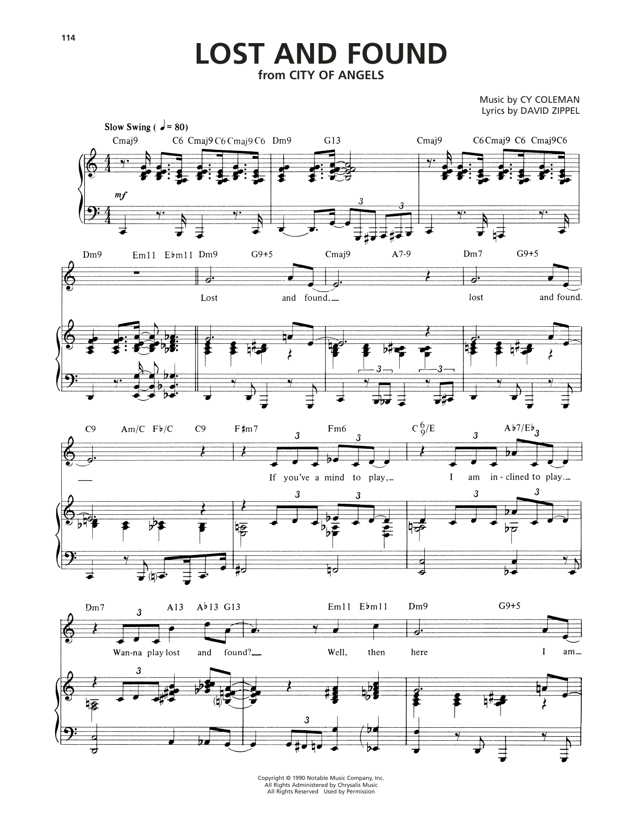 Cy Coleman Lost And Foundn (from City Of Angels) Sheet Music Notes & Chords for Piano, Vocal & Guitar Chords (Right-Hand Melody) - Download or Print PDF
