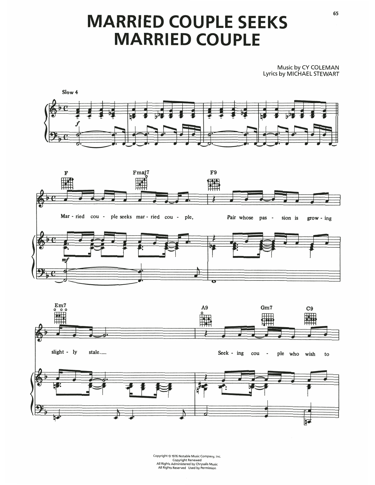 Cy Coleman Married Couple Seeks Married Couple (from I Love My Wife) Sheet Music Notes & Chords for Piano, Vocal & Guitar Chords (Right-Hand Melody) - Download or Print PDF Cy Coleman Married Couple Seeks Married Couple (from I Love My Wife) Sheet Music Notes & Chords for Piano, Vocal & Guitar Chords (Right-Hand Melody) - Download or Print PDF