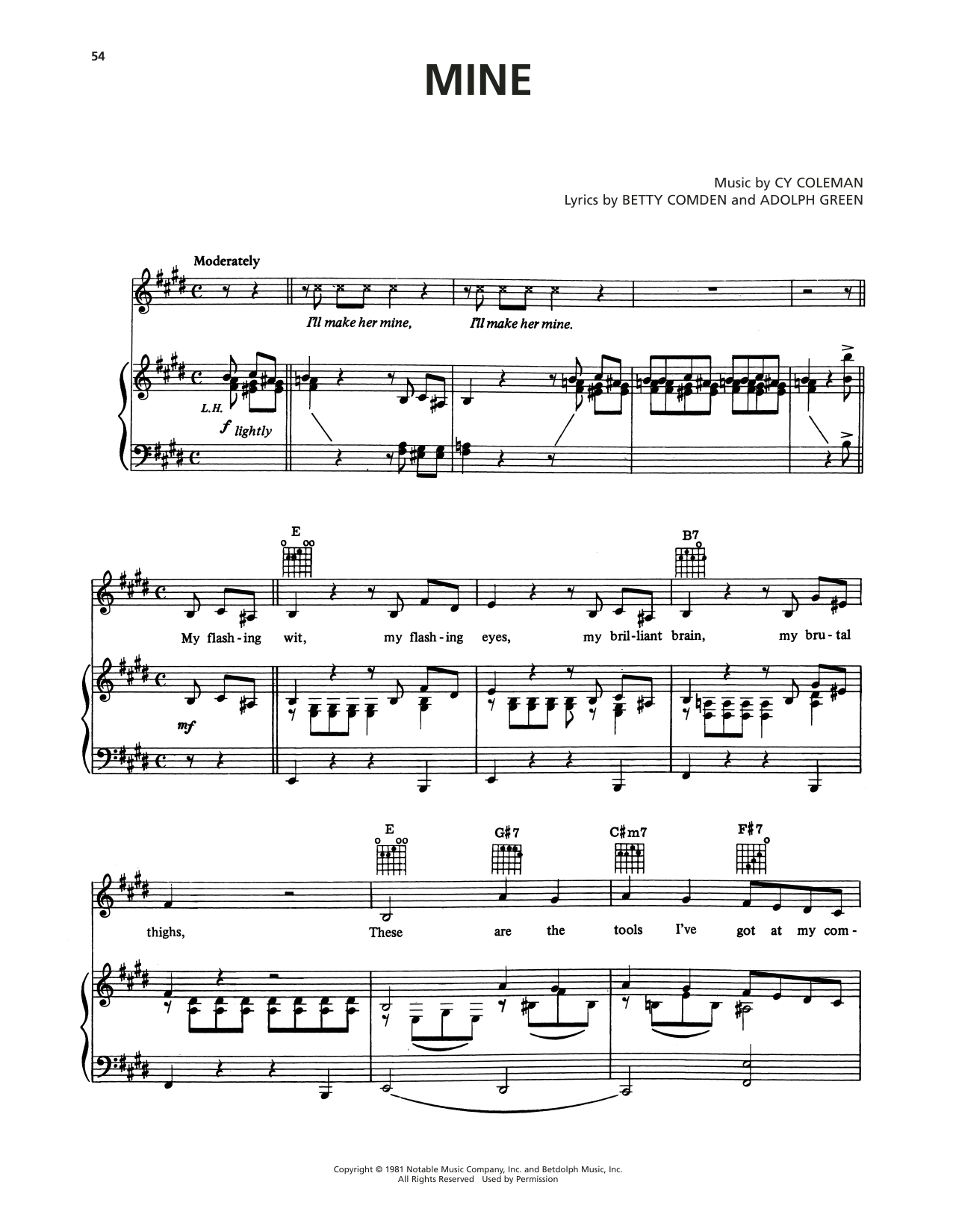 Cy Coleman Mine (from On The Twentieth Century) Sheet Music Notes & Chords for Piano, Vocal & Guitar (Right-Hand Melody) - Download or Print PDF