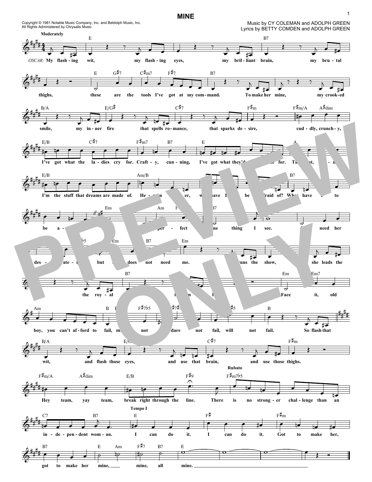 Cy Coleman Mine Sheet Music Notes & Chords for Melody Line, Lyrics & Chords - Download or Print PDF