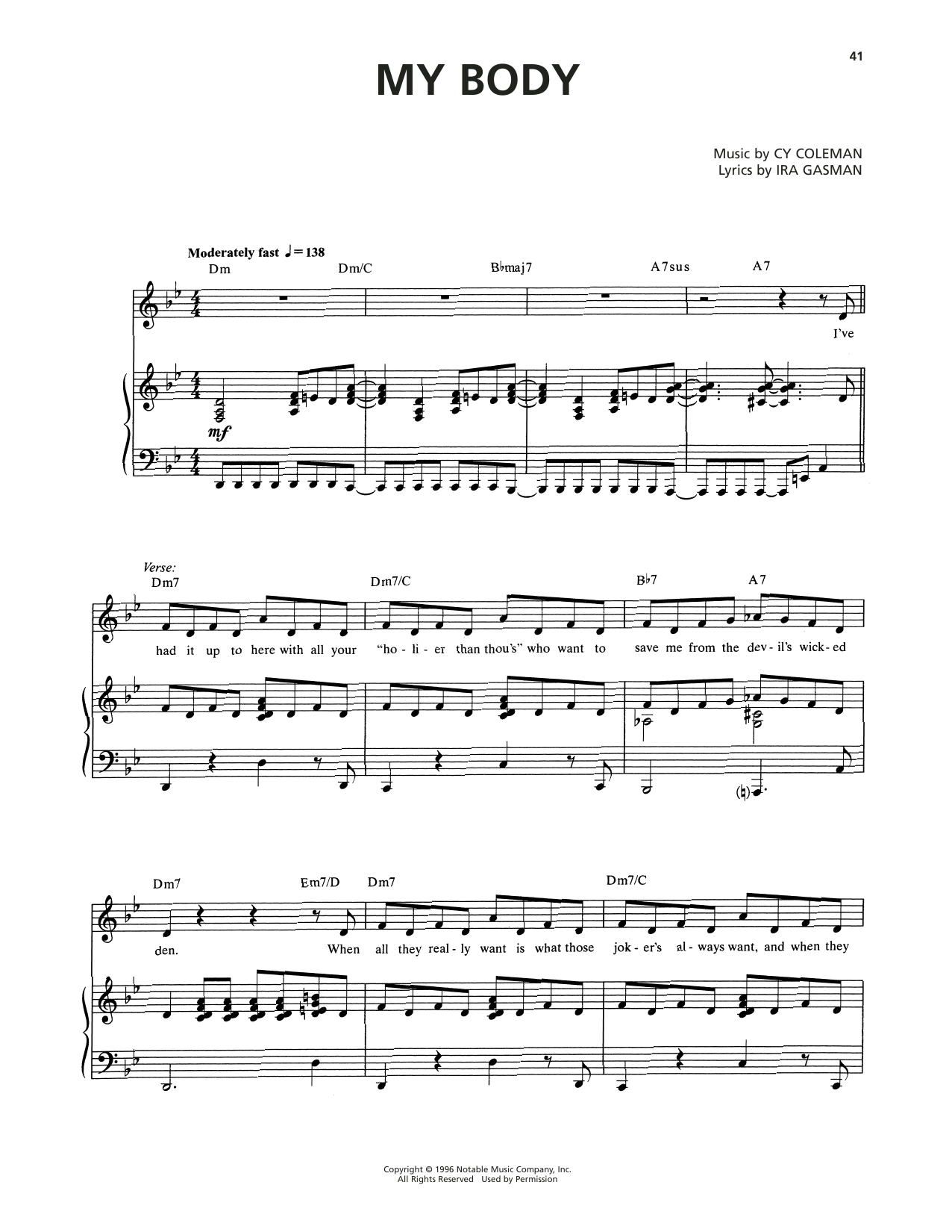 Cy Coleman My Body (from The Life) Sheet Music Notes & Chords for Piano & Vocal - Download or Print PDF