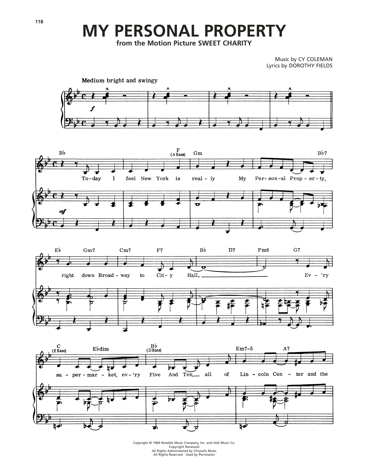 Cy Coleman My Personal Property (from Sweet Charity) Sheet Music Notes & Chords for Piano, Vocal & Guitar Chords (Right-Hand Melody) - Download or Print PDF