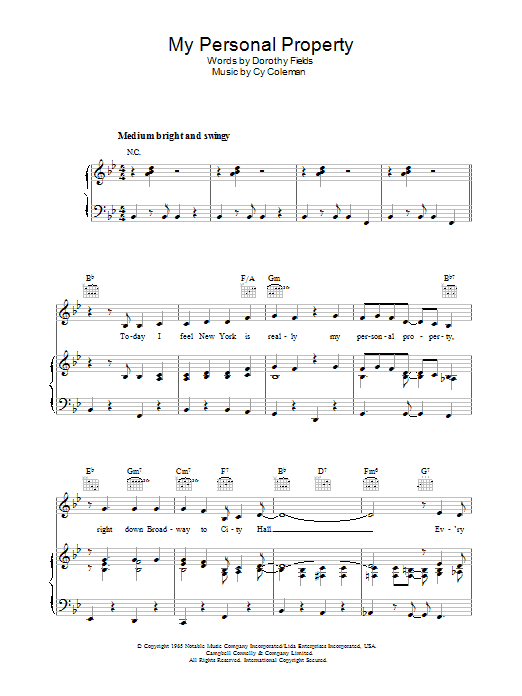 Cy Coleman My Personal Property Sheet Music Notes & Chords for Piano, Vocal & Guitar (Right-Hand Melody) - Download or Print PDF