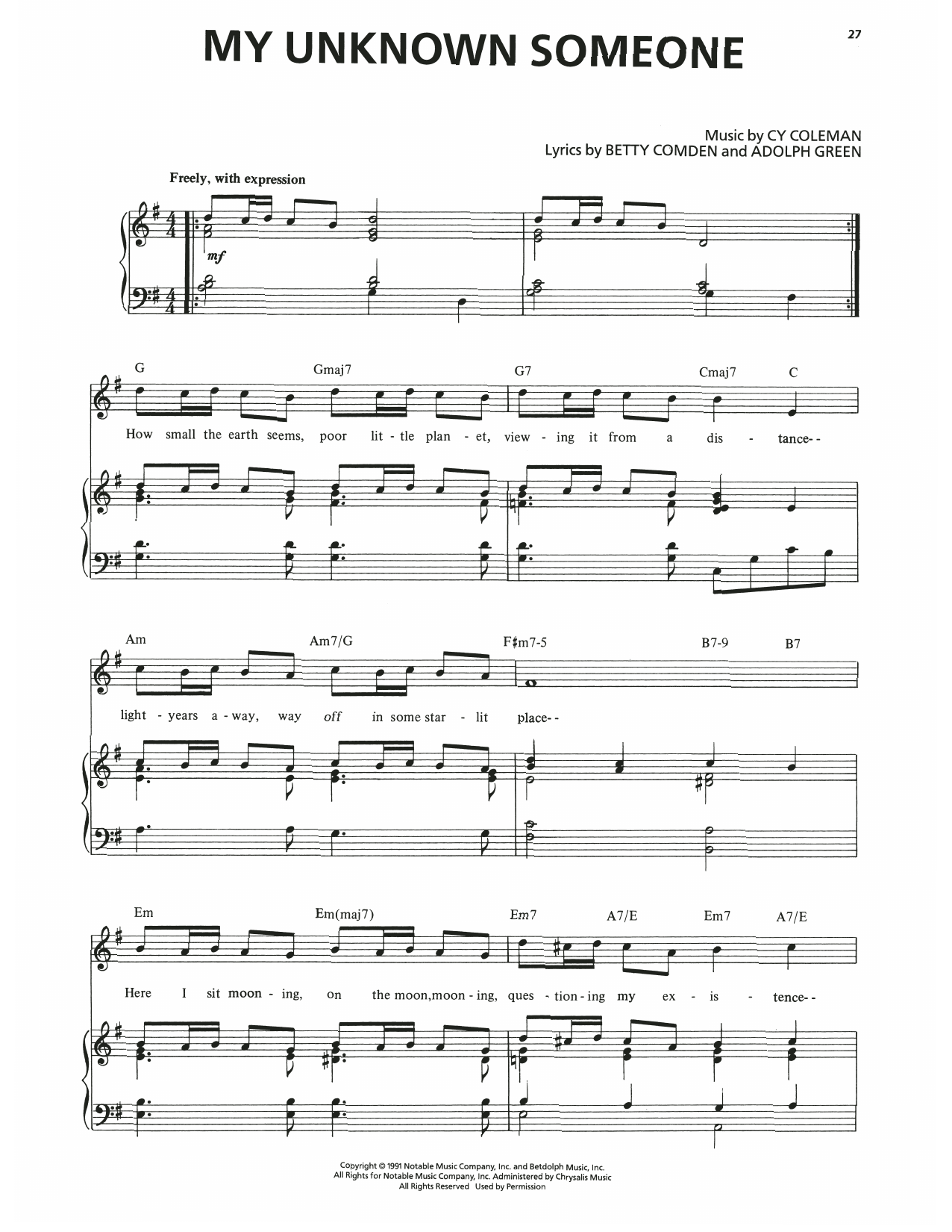 Cy Coleman My Unknown Someone (from The Will Rogers Follies) Sheet Music Notes & Chords for Piano & Vocal - Download or Print PDF