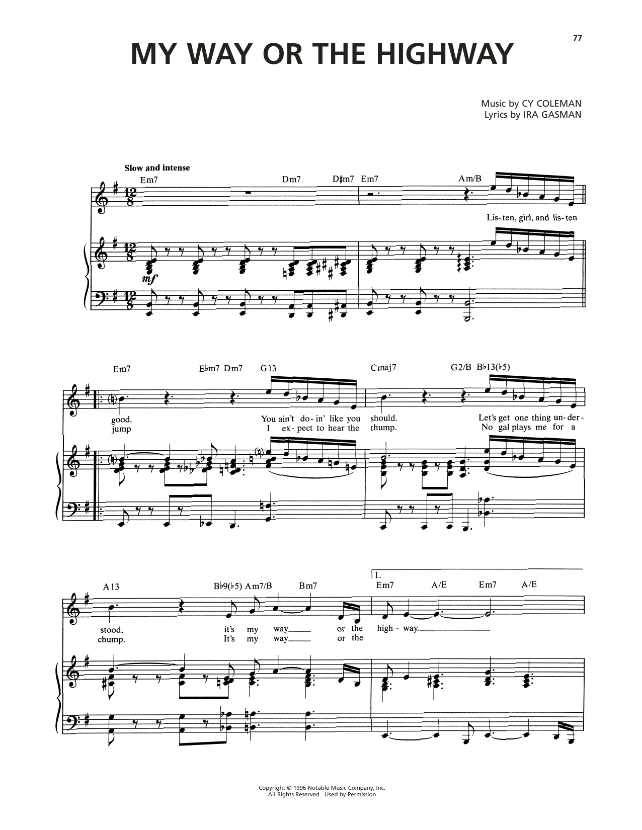 Cy Coleman My Way Or The Highway (from The Life) Sheet Music Notes & Chords for Piano & Vocal - Download or Print PDF