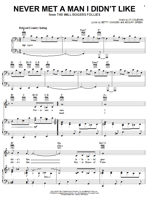 Cy Coleman Never Met A Man I Didn't Like Sheet Music Notes & Chords for Piano, Vocal & Guitar (Right-Hand Melody) - Download or Print PDF