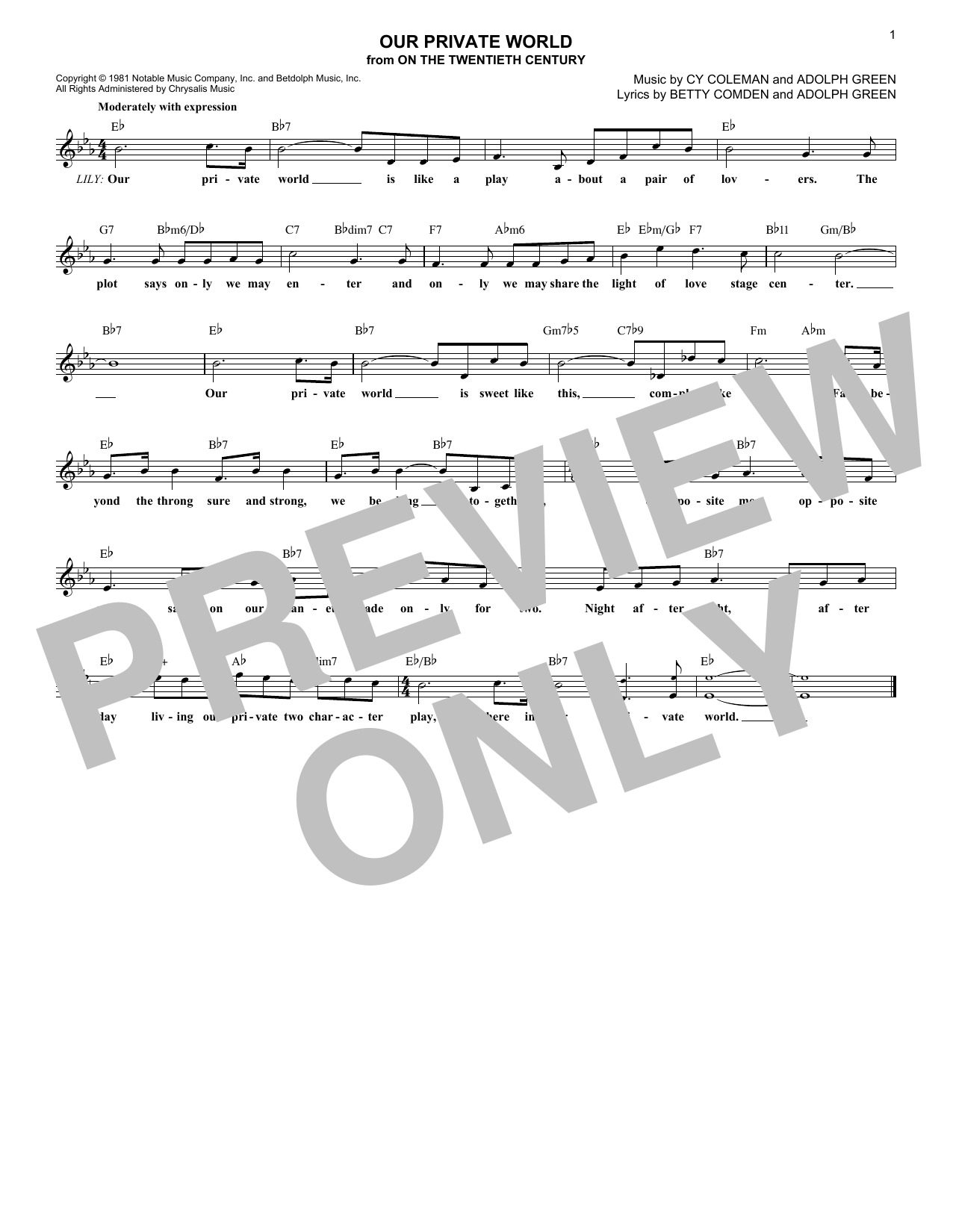 Cy Coleman Our Private World Sheet Music Notes & Chords for Melody Line, Lyrics & Chords - Download or Print PDF