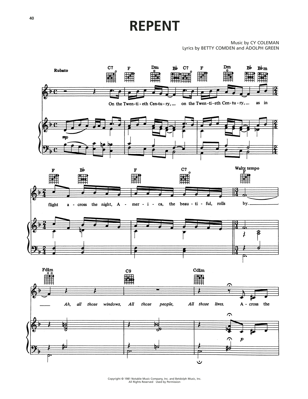 Cy Coleman Repent (from On The Twentieth Century) Sheet Music Notes & Chords for Piano, Vocal & Guitar (Right-Hand Melody) - Download or Print PDF