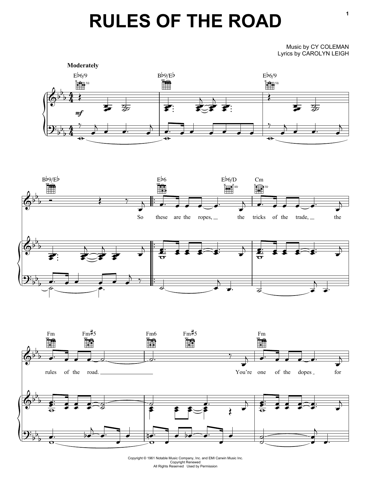 Cy Coleman Rules Of The Road Sheet Music Notes & Chords for Piano, Vocal & Guitar (Right-Hand Melody) - Download or Print PDF