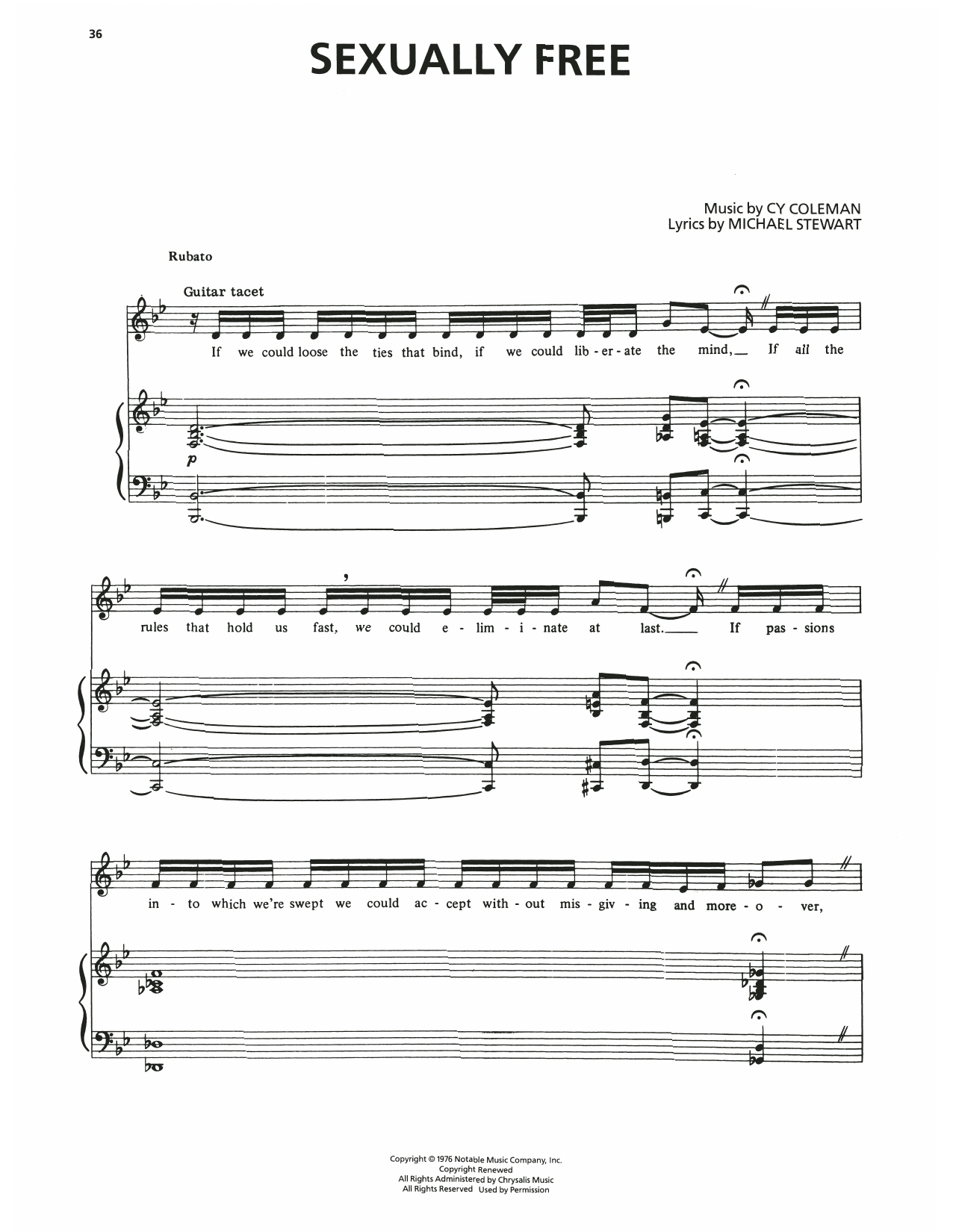 Cy Coleman Sexually Free (from I Love My Wife) Sheet Music Notes & Chords for Piano, Vocal & Guitar Chords (Right-Hand Melody) - Download or Print PDF Cy Coleman Sexually Free (from I Love My Wife) Sheet Music Notes & Chords for Piano, Vocal & Guitar Chords (Right-Hand Melody) - Download or Print PDF