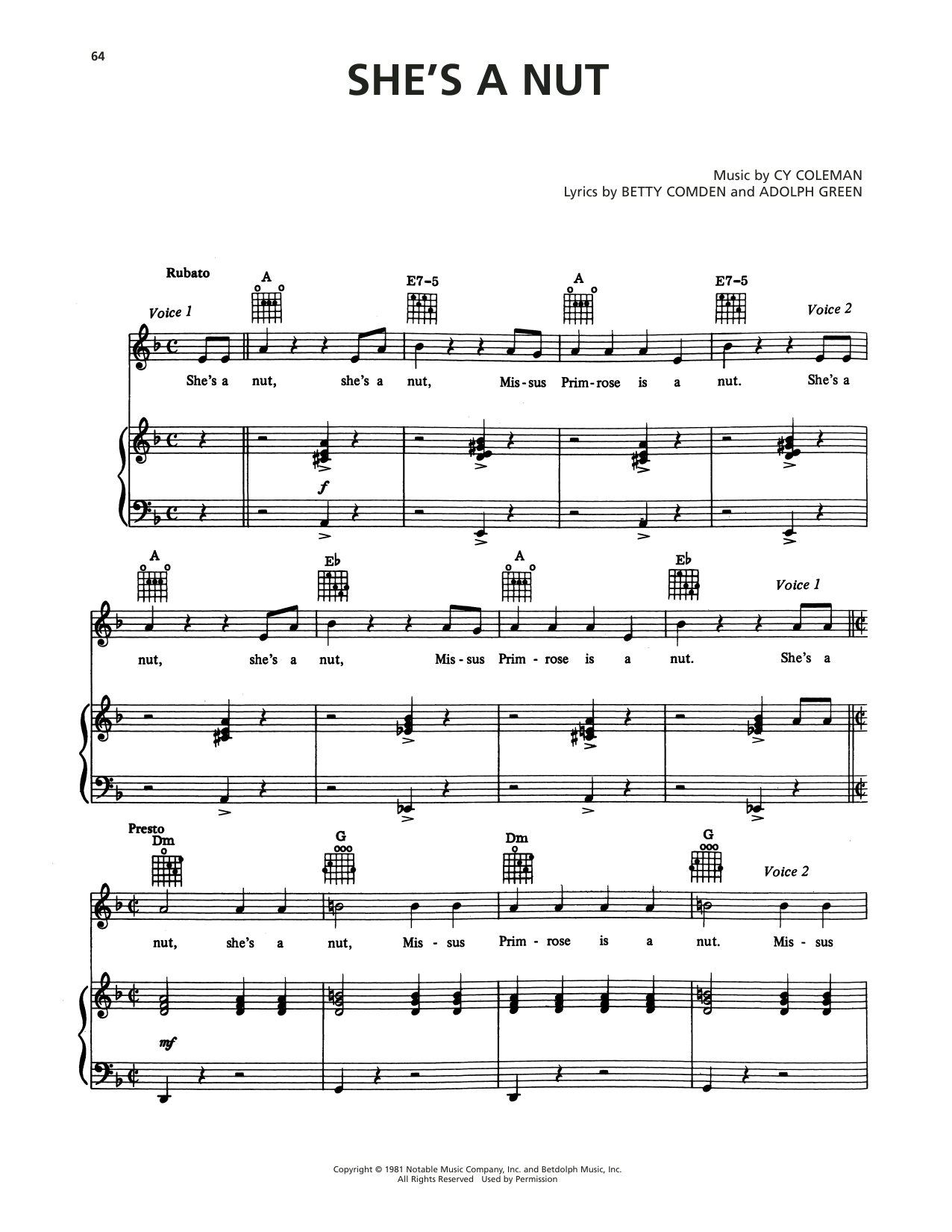 Cy Coleman She's A Nut (from On The Twentieth Century) Sheet Music Notes & Chords for Piano, Vocal & Guitar (Right-Hand Melody) - Download or Print PDF