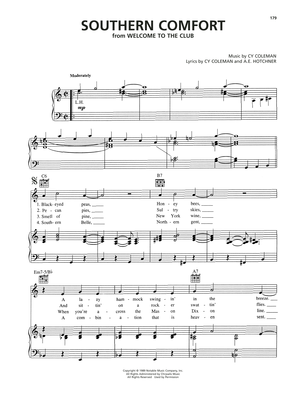 Cy Coleman Southern Comfort (from Welcome To The Club) Sheet Music Notes & Chords for Piano, Vocal & Guitar Chords (Right-Hand Melody) - Download or Print PDF