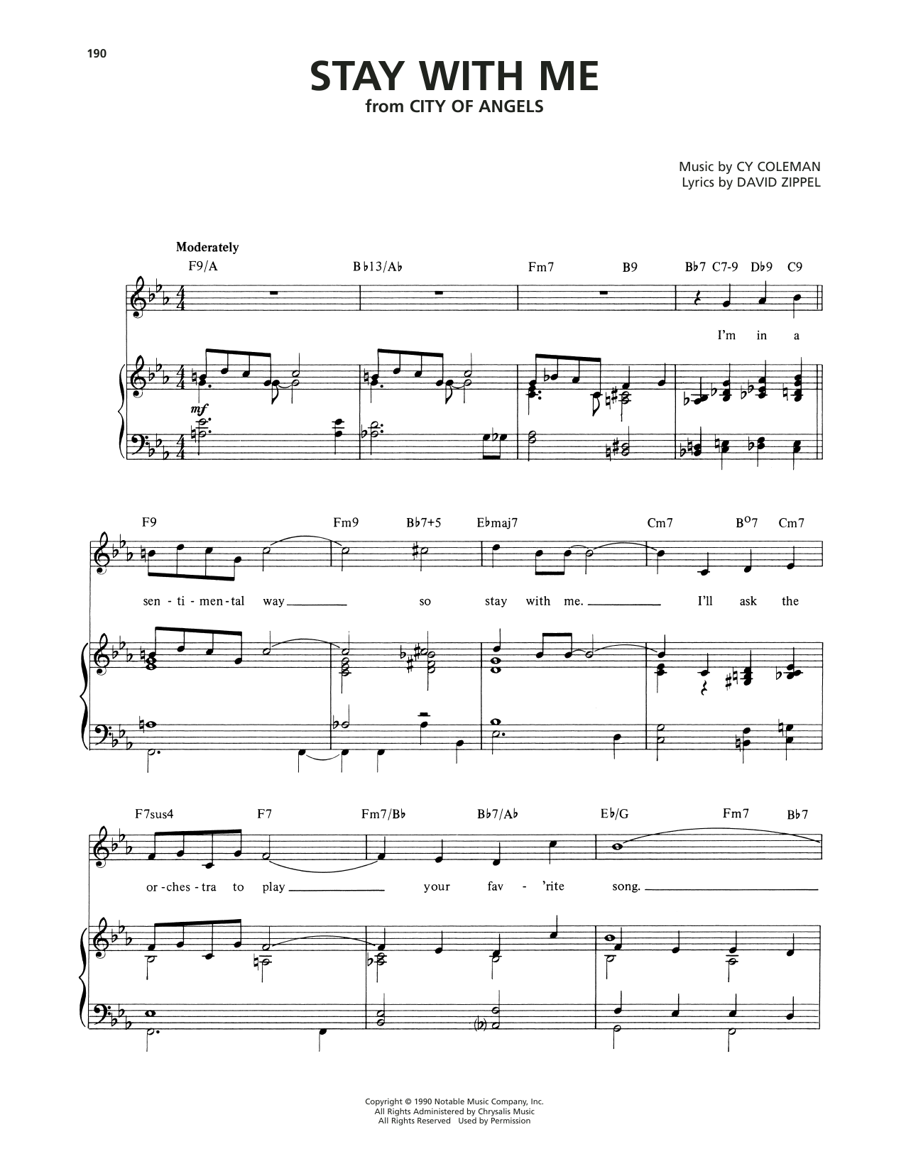 Cy Coleman Stay With Me (from City Of Angels) Sheet Music Notes & Chords for Piano, Vocal & Guitar Chords (Right-Hand Melody) - Download or Print PDF