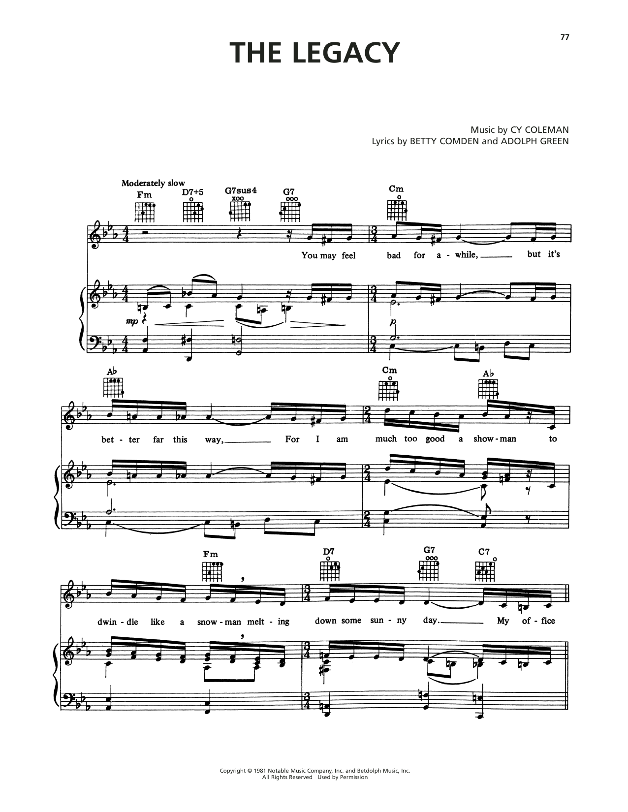 Cy Coleman The Legacy (from On The Twentieth Century) Sheet Music Notes & Chords for Piano, Vocal & Guitar (Right-Hand Melody) - Download or Print PDF