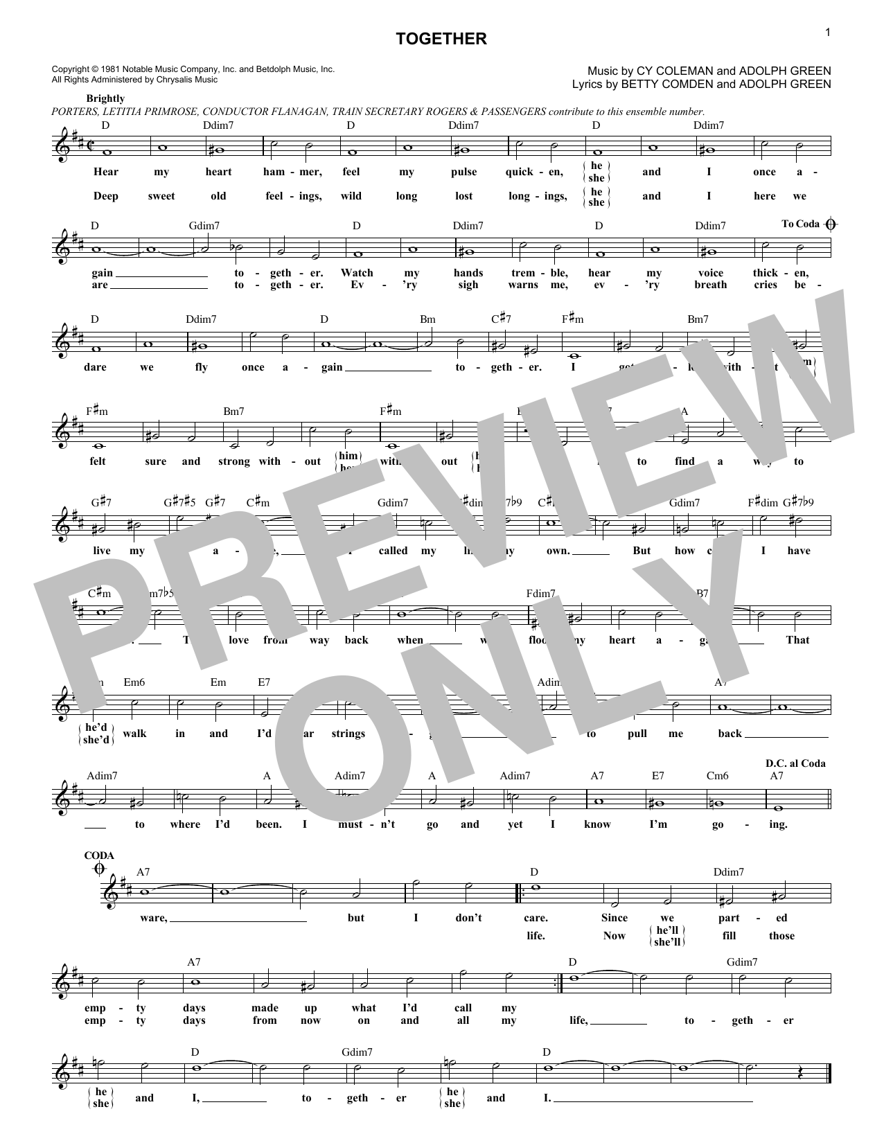 Cy Coleman Together Sheet Music Notes & Chords for Melody Line, Lyrics & Chords - Download or Print PDF