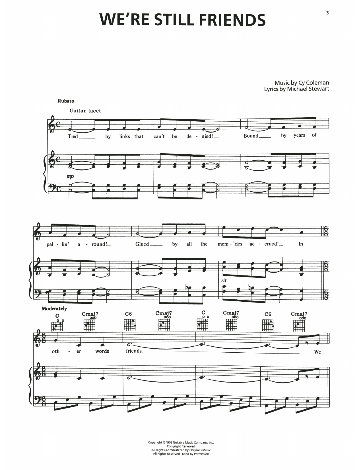 Cy Coleman We're Still Friends (from I Love My Wife) Sheet Music Notes & Chords for Piano, Vocal & Guitar Chords (Right-Hand Melody) - Download or Print PDF Cy Coleman We're Still Friends (from I Love My Wife) Sheet Music Notes & Chords for Piano, Vocal & Guitar Chords (Right-Hand Melody) - Download or Print PDF