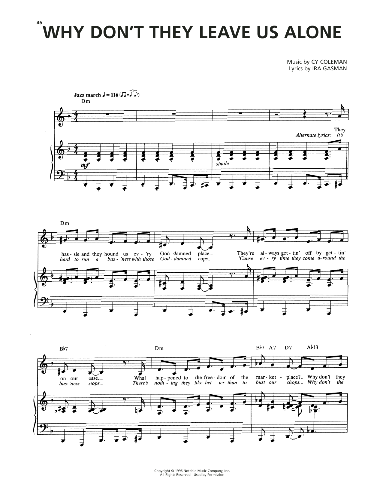 Cy Coleman Why Don't They Leave Us Alone (from The Life) Sheet Music Notes & Chords for Piano & Vocal - Download or Print PDF