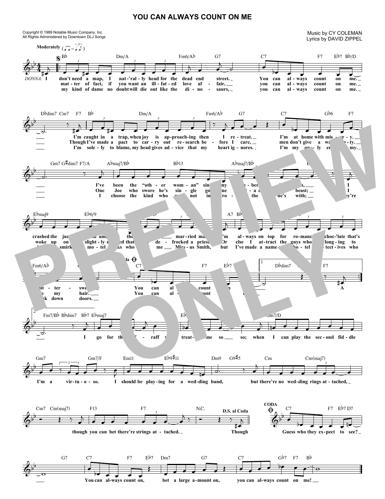 Cy Coleman You Can Always Count On Me Sheet Music Notes & Chords for Melody Line, Lyrics & Chords - Download or Print PDF