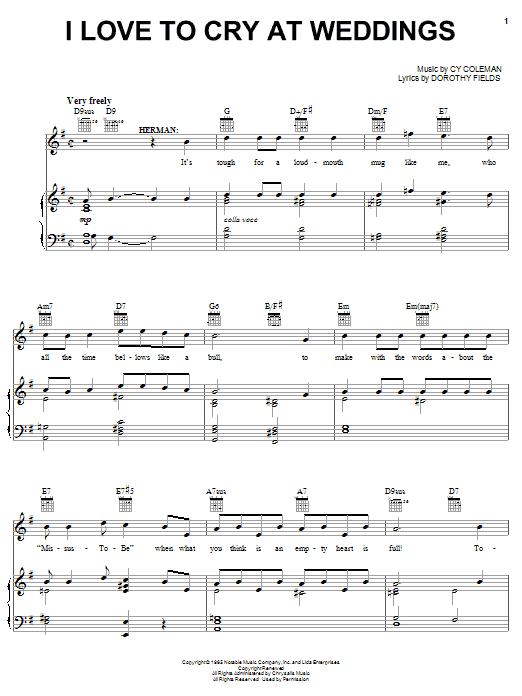 Preview Cy Coleman I Love To Cry At Weddings Pop sheet music, notes and chords for Piano, Vocal & Guitar (Right-Hand Melody), SKU: 33752 I Love To Cry At Weddings sheet music