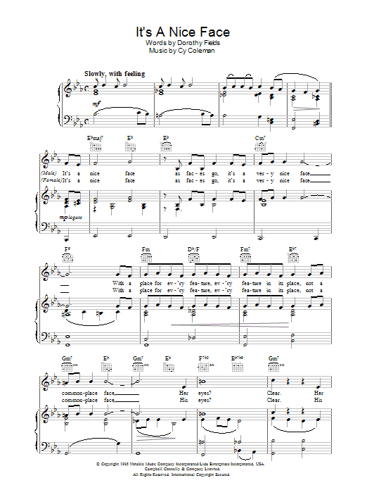 Preview Cy Coleman It's A Nice Face Pop sheet music, notes and chords for Piano, Vocal & Guitar (Right-Hand Melody), SKU: 33749 It's A Nice Face sheet music