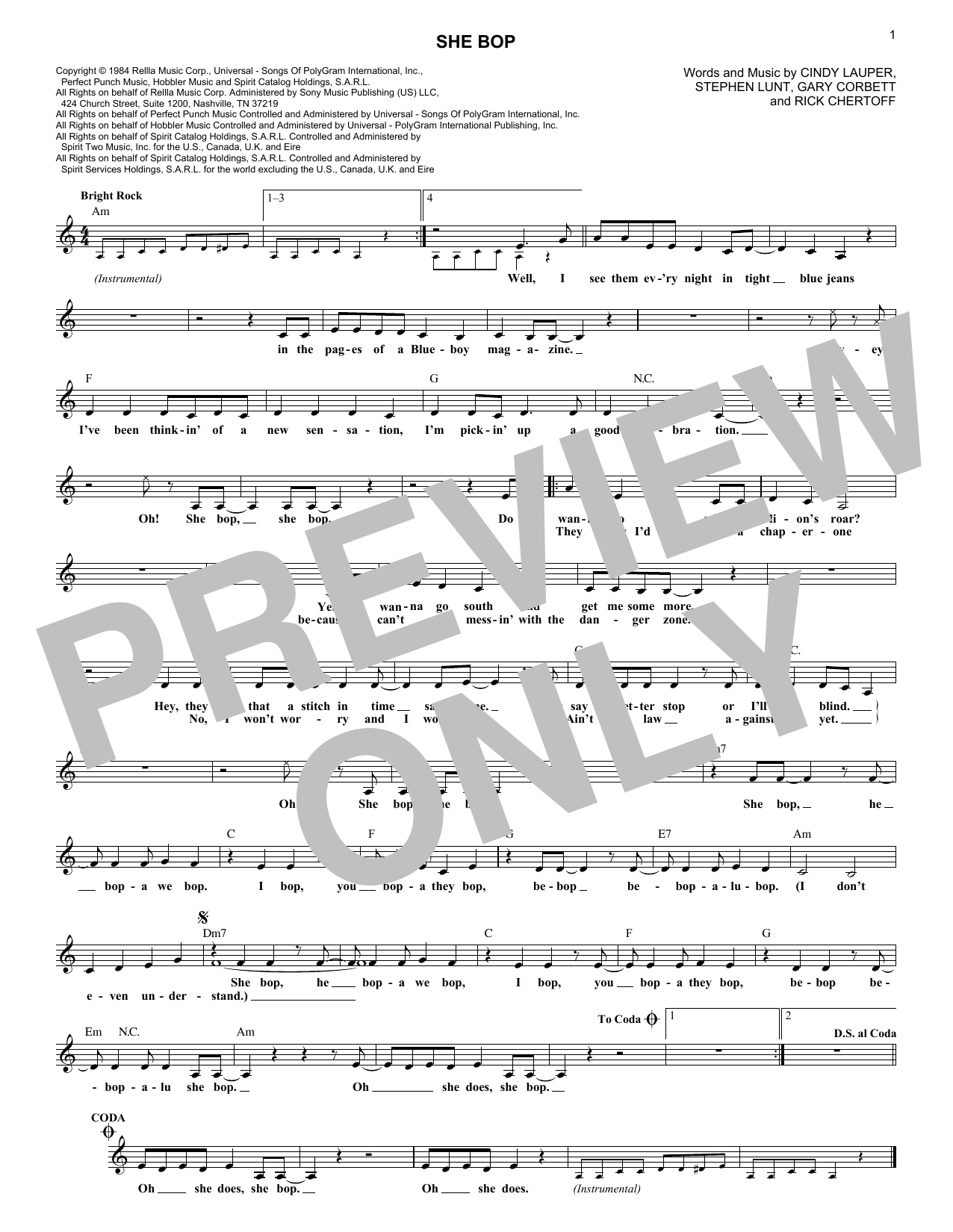 Cyndi Lauper She Bop Sheet Music Notes & Chords for Melody Line, Lyrics & Chords - Download or Print PDF