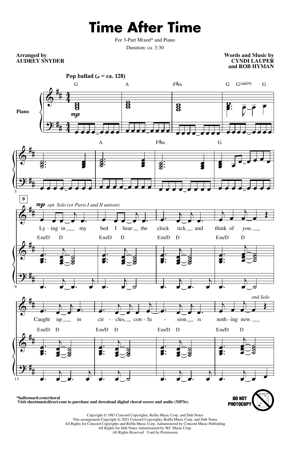Cyndi Lauper Time After Time (arr. Audrey Snyder) Sheet Music Notes & Chords for 3-Part Mixed Choir - Download or Print PDF