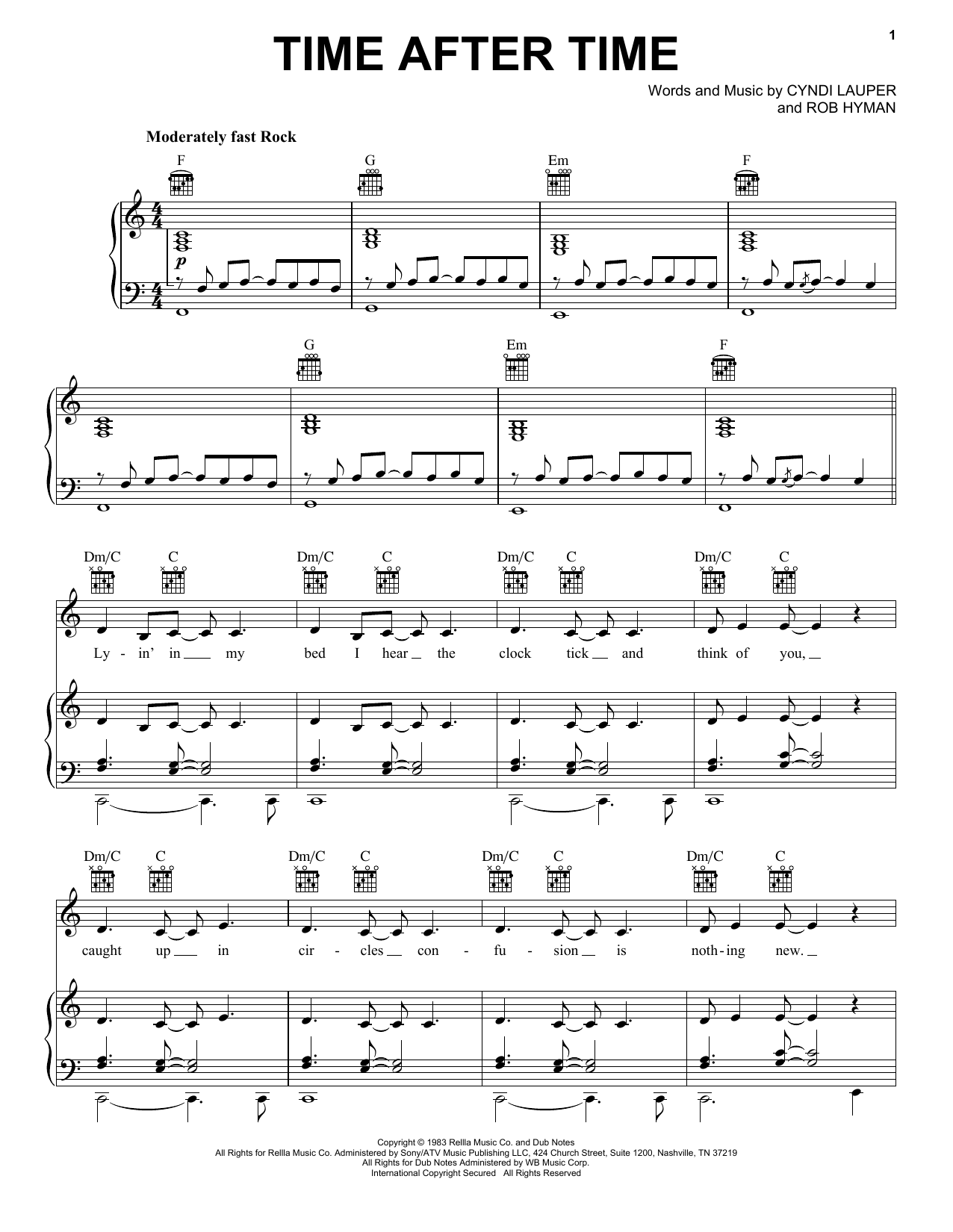 Cyndi Lauper Time After Time Sheet Music Notes & Chords for Easy Guitar Tab - Download or Print PDF