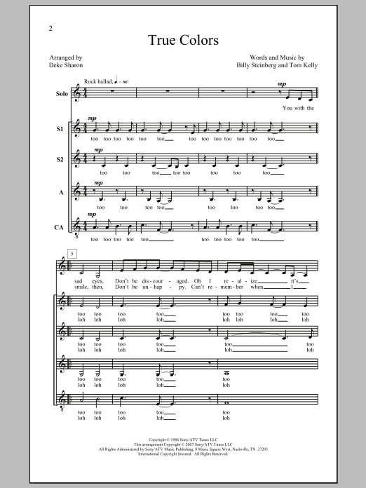 Cyndi Lauper True Colors (arr. Deke Sharon) Sheet Music Notes & Chords for SSA - Download or Print PDF Cyndi Lauper True Colors (arr. Deke Sharon) Sheet Music Notes & Chords for SSA - Download or Print PDF