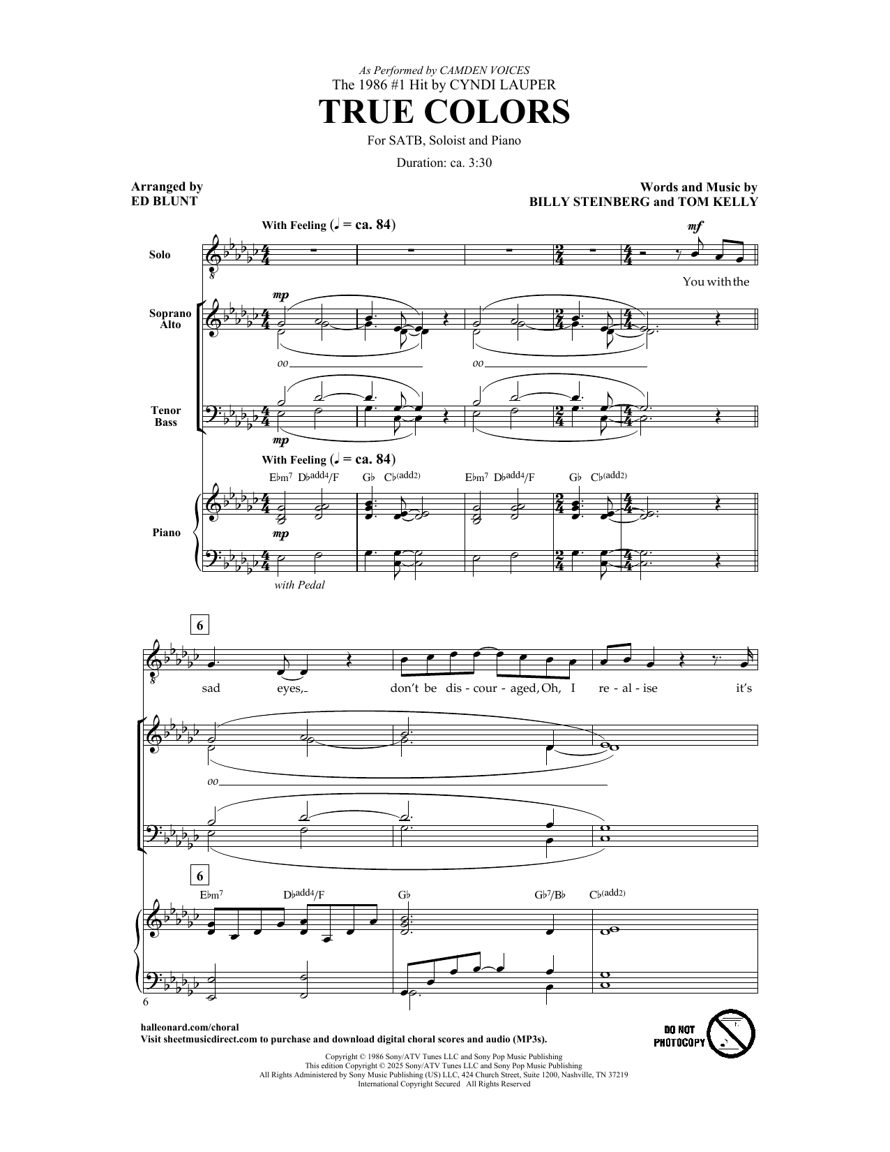 Cyndi Lauper True Colors (arr. Ed Blunt) Sheet Music Notes & Chords for SATB Choir - Download or Print PDF