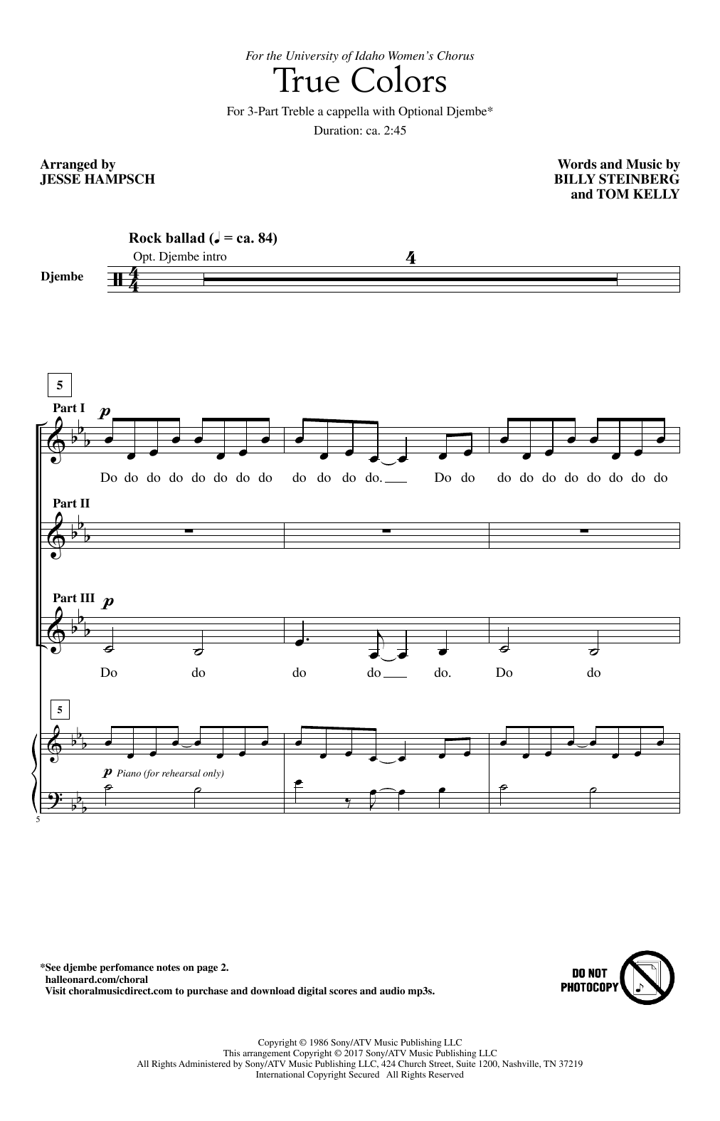 Cyndi Lauper True Colors (arr. Jesse Hampsch) Sheet Music Notes & Chords for 3-Part Treble - Download or Print PDF