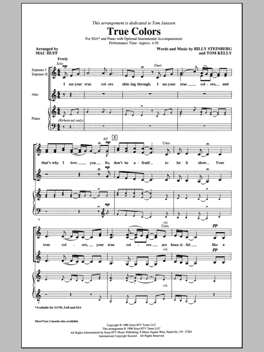 Cyndi Lauper True Colors (arr. Mac Huff) Sheet Music Notes & Chords for SSA - Download or Print PDF