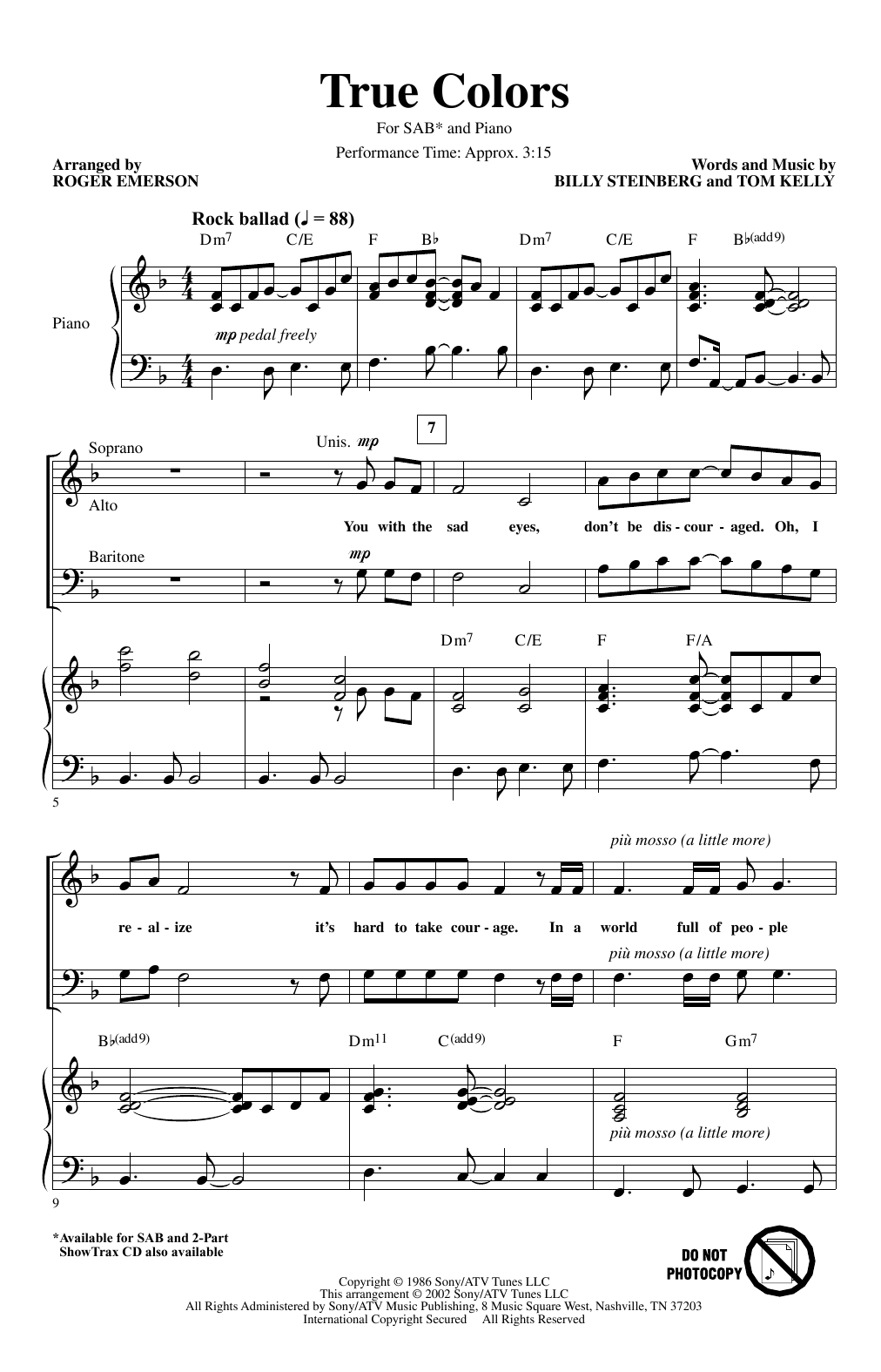 Cyndi Lauper True Colors (arr. Roger Emerson) Sheet Music Notes & Chords for SAB Choir - Download or Print PDF