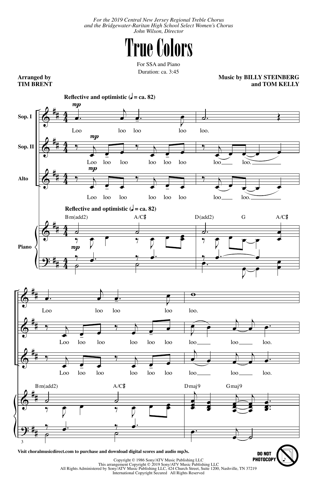 Cyndi Lauper True Colors (arr. Tim Brent) Sheet Music Notes & Chords for SSA Choir - Download or Print PDF