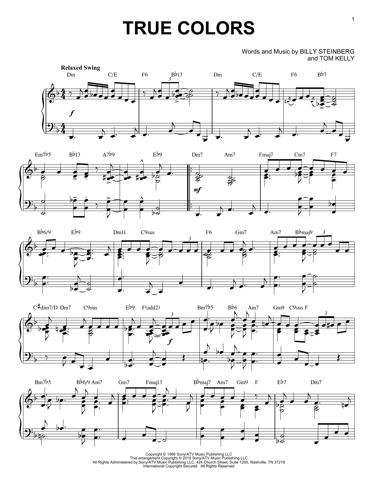 Cyndi Lauper True Colors [Jazz version] Sheet Music Notes & Chords for Piano Solo - Download or Print PDF
