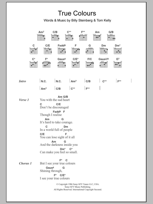 Cyndi Lauper True Colours Sheet Music Notes & Chords for Lyrics & Chords - Download or Print PDF