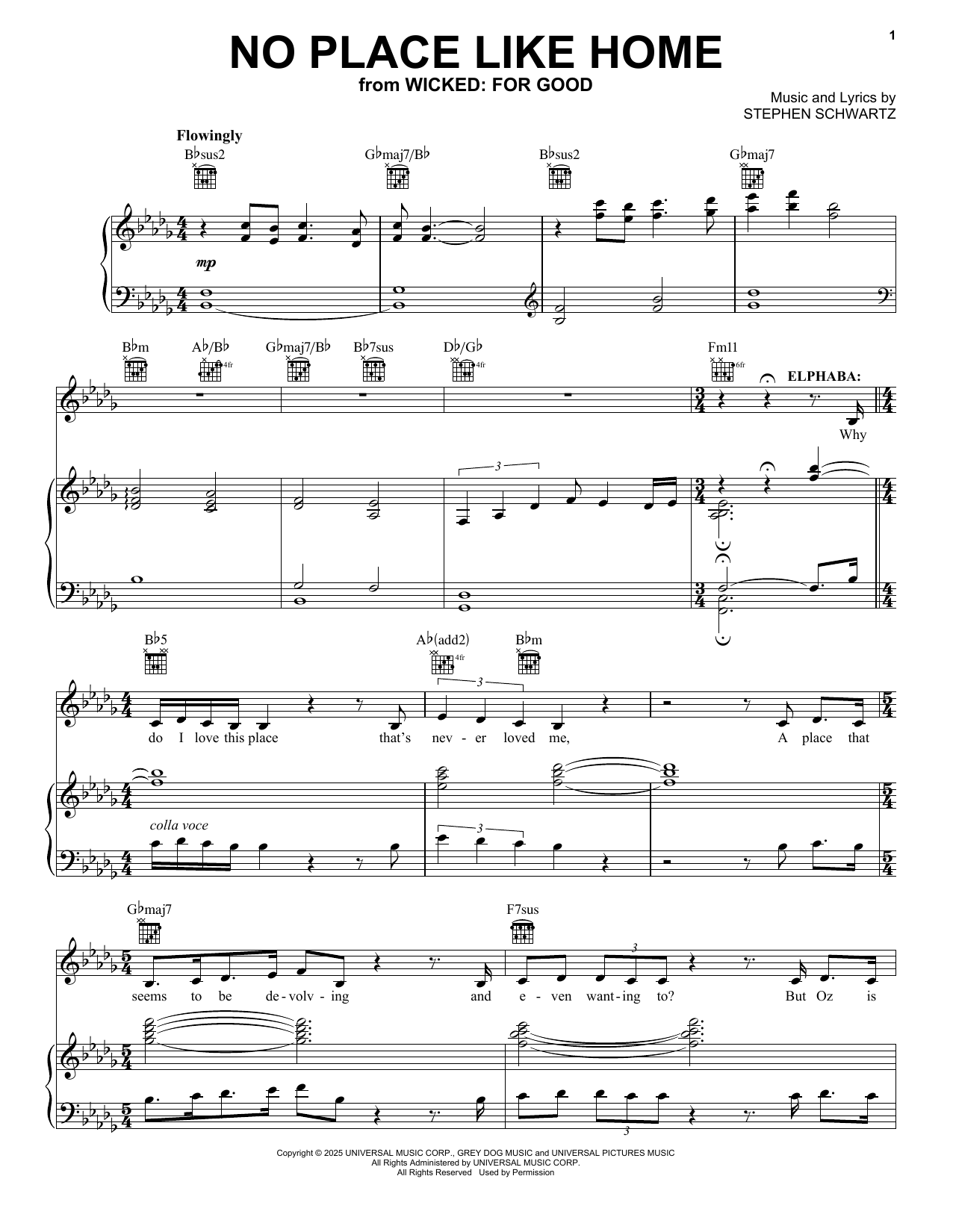 Cynthia Erivo No Place Like Home (from Wicked: For Good) Sheet Music Notes & Chords for Piano, Vocal & Guitar Chords (Right-Hand Melody) - Download or Print PDF