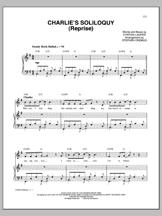 Cynthia Lauper Charlie's Soliloquy (Reprise) Sheet Music Notes & Chords for Piano & Vocal - Download or Print PDF