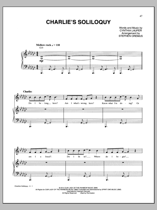 Cynthia Lauper Charlie's Soliloquy Sheet Music Notes & Chords for Piano & Vocal - Download or Print PDF