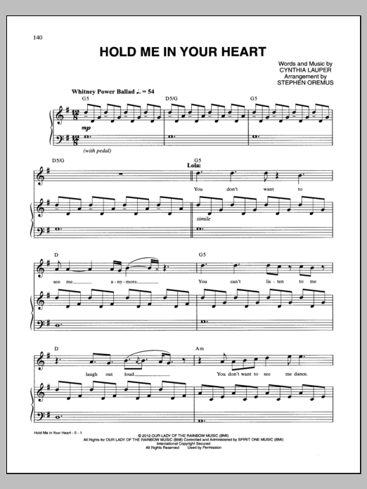 Cynthia Lauper Hold Me In Your Heart Sheet Music Notes & Chords for Piano & Vocal - Download or Print PDF