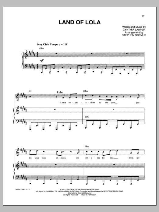 Cynthia Lauper Land Of Lola Sheet Music Notes & Chords for Piano & Vocal - Download or Print PDF