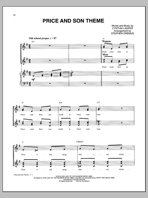 Cynthia Lauper Price And Son Theme Sheet Music Notes & Chords for Piano & Vocal - Download or Print PDF