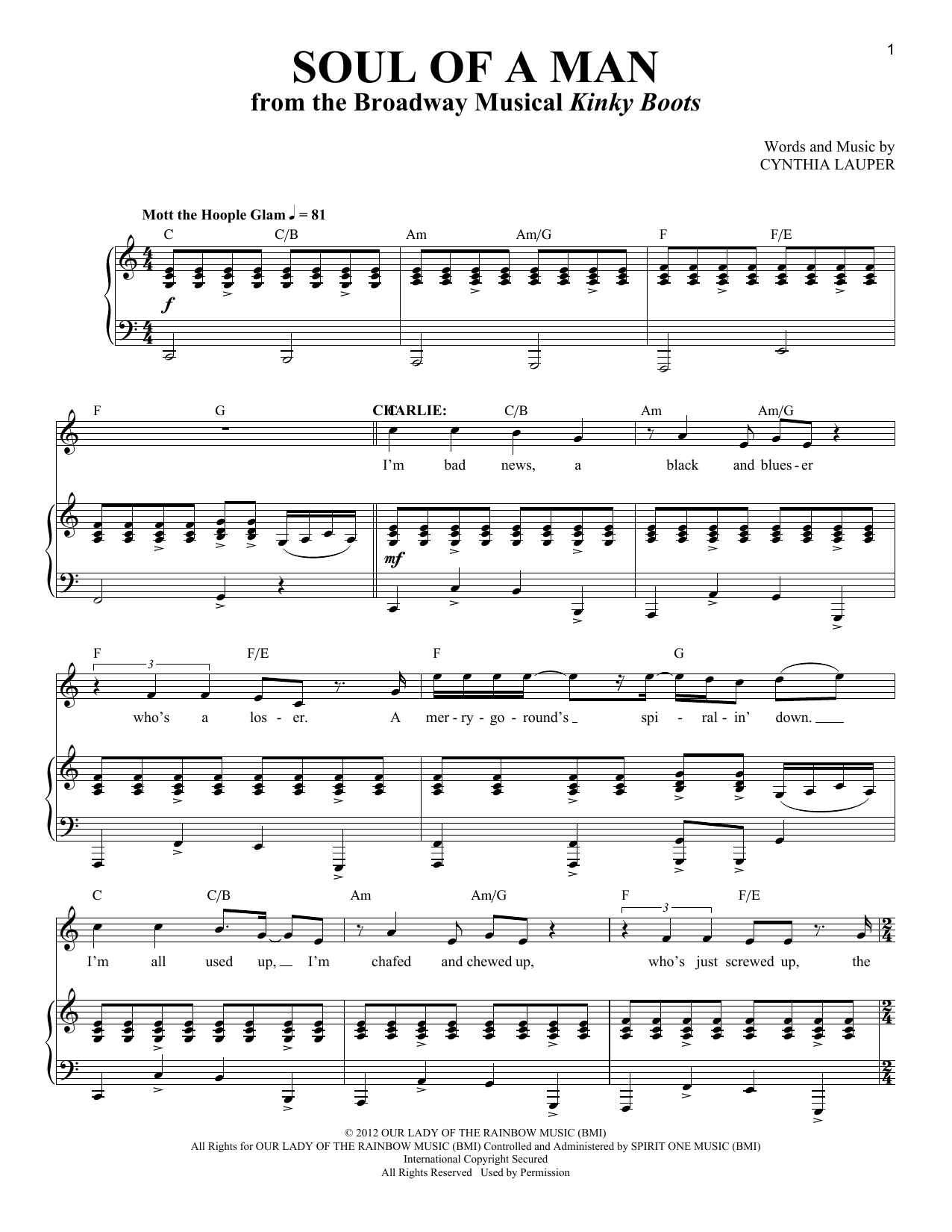Cynthia Lauper Soul Of A Man Sheet Music Notes & Chords for Piano & Vocal - Download or Print PDF